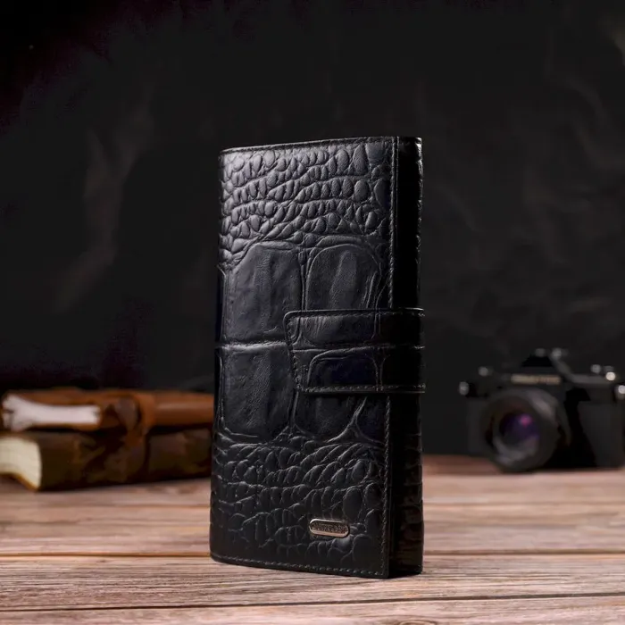 Красивое вертикальное мужское портмоне из натуральной кожи с тиснением под крокодила CANPELLINI 21844 Черное