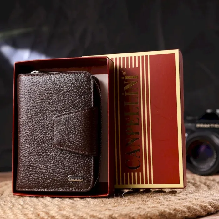 Красиве вертикальне портмоне для жінок з монетницею на блискавці з натуральної шкіри CANPELLINI 21600 Коричневе