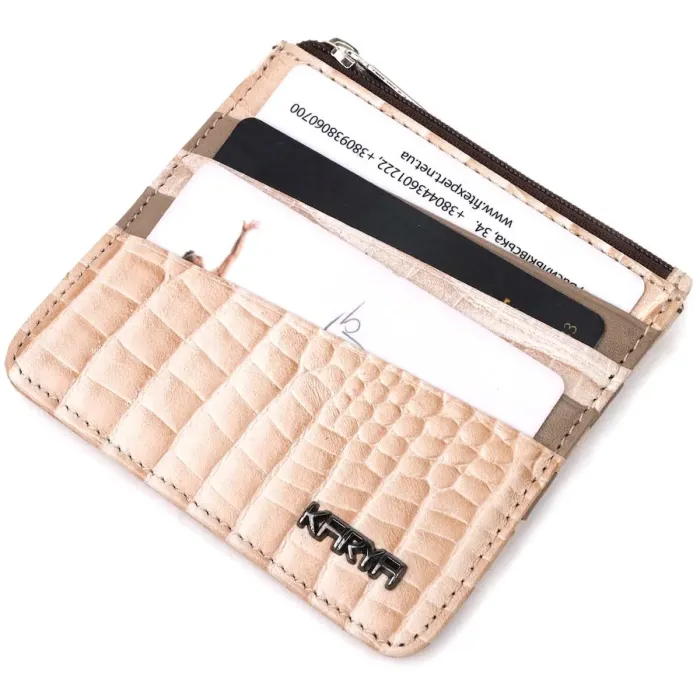 Гарний картхолдер із натуральної шкіри з тисненням під крокодила KARYA 21206 Бежевий