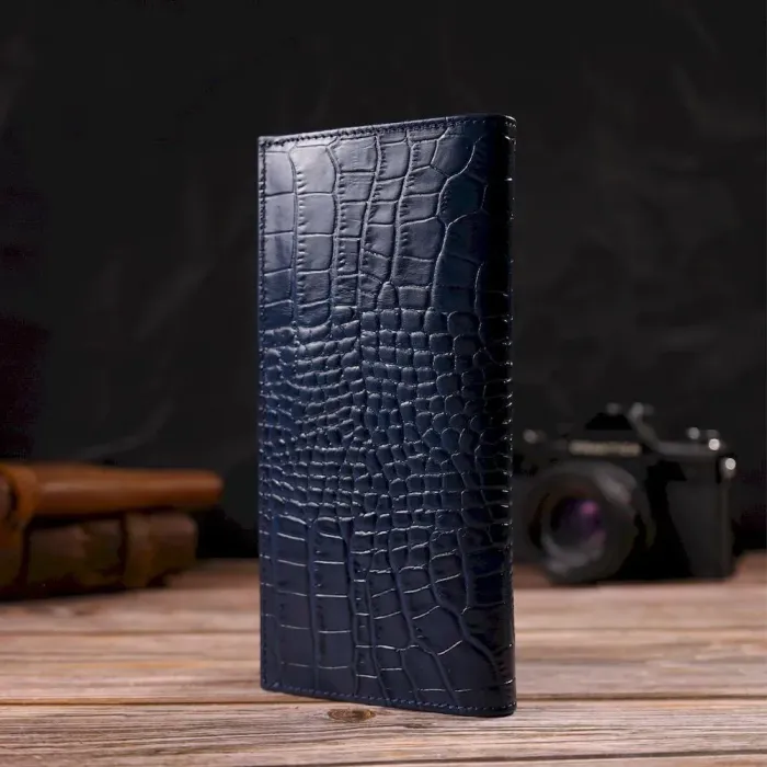 Красивый мужской вертикальный бумажник из натуральной кожи с тиснением под крокодила CANPELLINI 21901 Синий