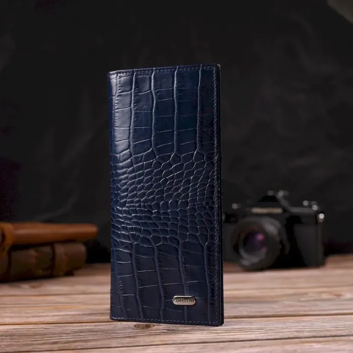 Красивый мужской вертикальный бумажник из натуральной кожи с тиснением под крокодила CANPELLINI 21901 Синий