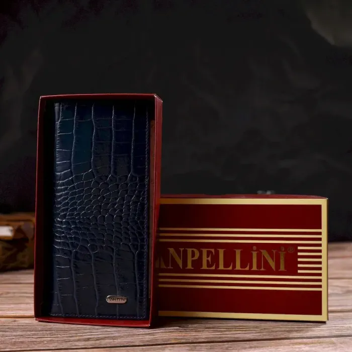 Красивый мужской вертикальный бумажник из натуральной кожи с тиснением под крокодила CANPELLINI 21901 Синий