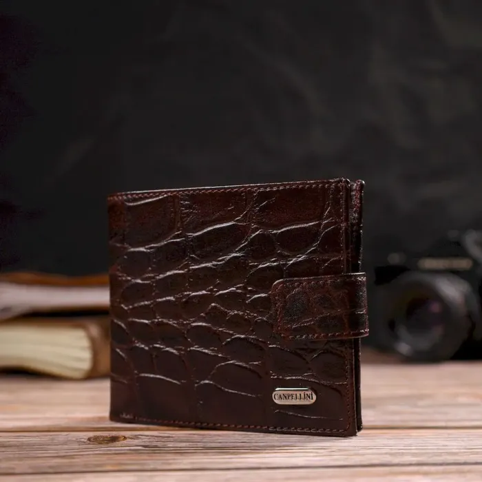 Купюрник для мужчин горизонтального формата из натуральной кожи с тиснением под крокодила CANPELLINI 21773 Коричневый