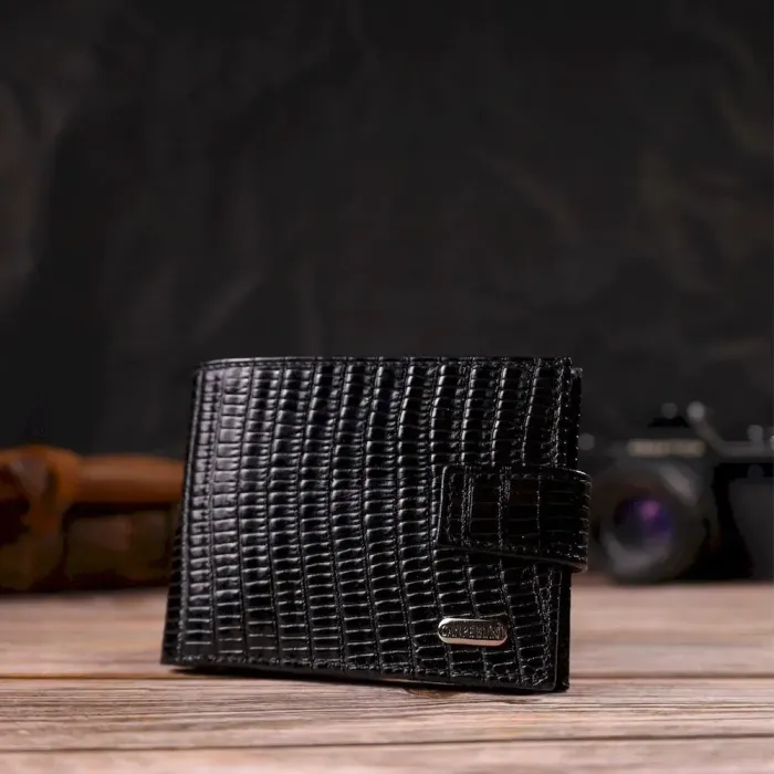 Лаковане компактне портмоне для чоловіків із натуральної фактурної шкіри CANPELLINI 21751 Чорне