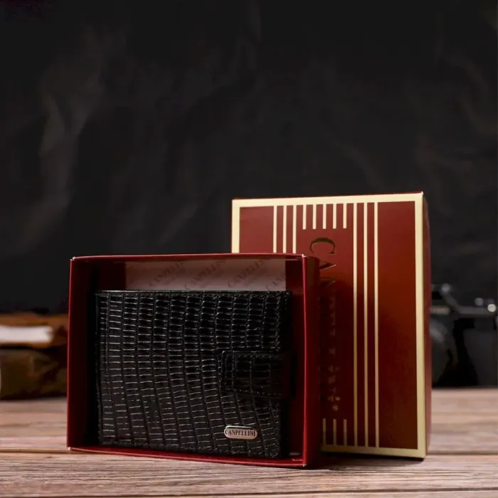 Лаковане компактне портмоне для чоловіків із натуральної фактурної шкіри CANPELLINI 21751 Чорне