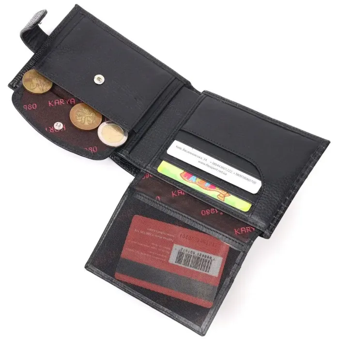 Лакированное мужское портмоне с хлястиком из натуральной фактурной кожи KARYA 21083 Черный