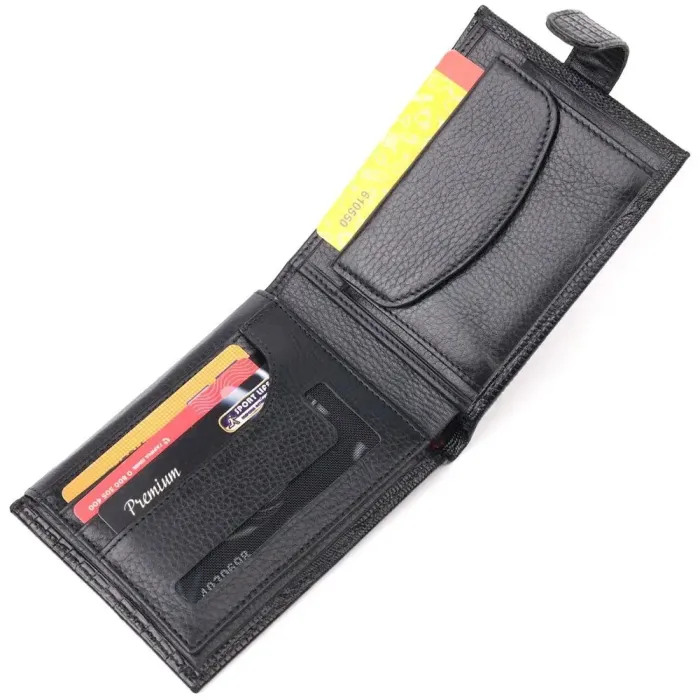 Лакированное мужское портмоне с хлястиком из натуральной фактурной кожи KARYA 21083 Черный