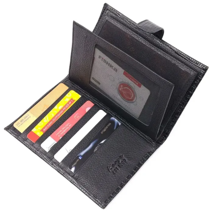 Лаковане чоловіче портмоне з хлястиком із натуральної фактурної шкіри KARYA 21191 Чорний