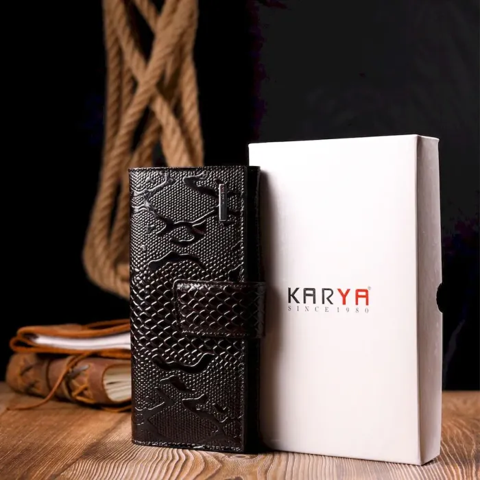 Лакированный женский кошелек из натуральной фактурной кожи KARYA 21025 Коричневый