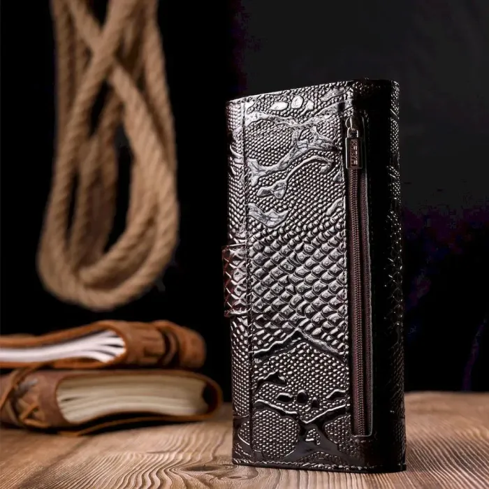 Лакированный женский кошелек из натуральной фактурной кожи KARYA 21025 Коричневый