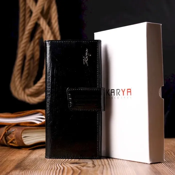 Лакированный женский кошелек из натуральной фактурной кожи KARYA 21031 Черный