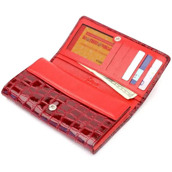 Лакированный женский кошелек из натуральной фактурной кожи под крокодила KARYA 21022 Красный