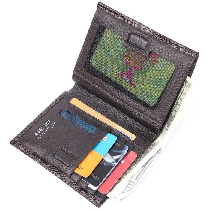 Лакированный женский кошелек на магните из натуральной кожис тиснением под змею KARYA 21187 Коричневый