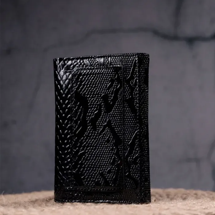 Лакированный женский кошелек с монетницей из натуральной фактурной кожи KARYA 21366 Черный