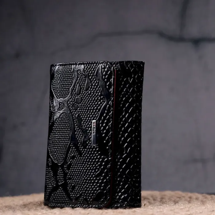 Лакированный женский кошелек с монетницей из натуральной фактурной кожи KARYA 21366 Черный