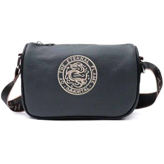 Модная женская сумка с вышивкой на лицевой стороне из натуральной кожи Vintage 22627 Темно-зеленая