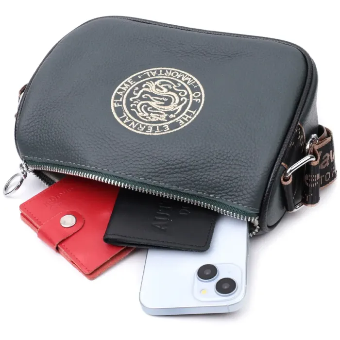 Модная женская сумка с вышивкой на лицевой стороне из натуральной кожи Vintage 22627 Темно-зеленая