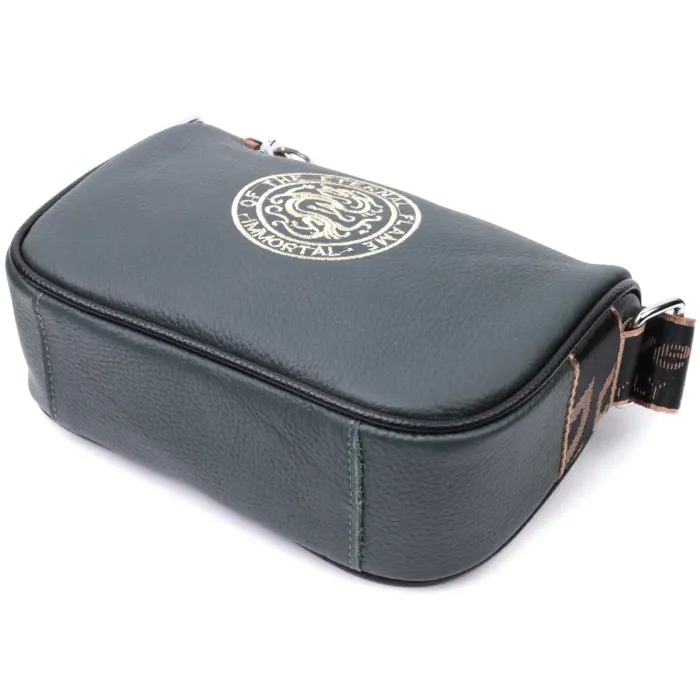 Модная женская сумка с вышивкой на лицевой стороне из натуральной кожи Vintage 22627 Темно-зеленая