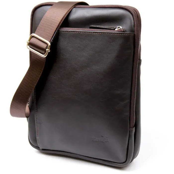 Модна сумка планшет з накладною кишенею на блискавці в гладкій шкірі 11282 SHVIGEL, Коричнева