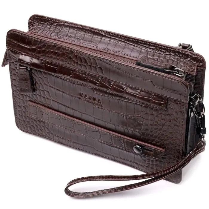 Чоловіча барсетка з натуральної шкіри з тисненням під крокодила KARYA 21311 Коричневий