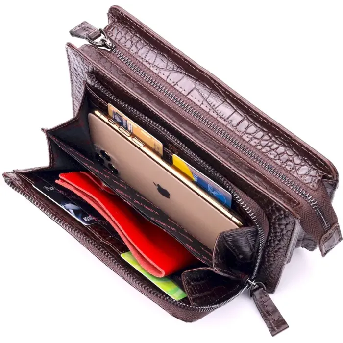 Чоловіча барсетка з натуральної шкіри з тисненням під крокодила KARYA 21311 Коричневий