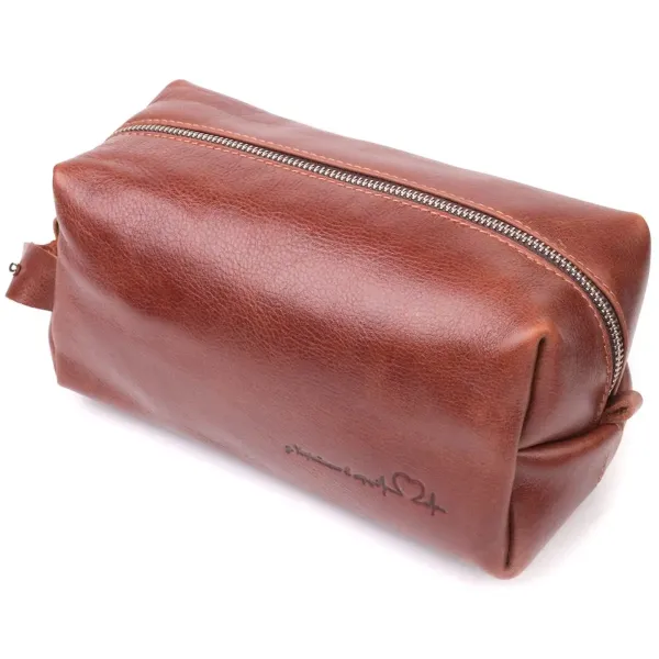 Чоловічі косметички великого розміру з гладкої шкіри на блискавці Серце GRANDE PELLE 16768 Світло-коричнева