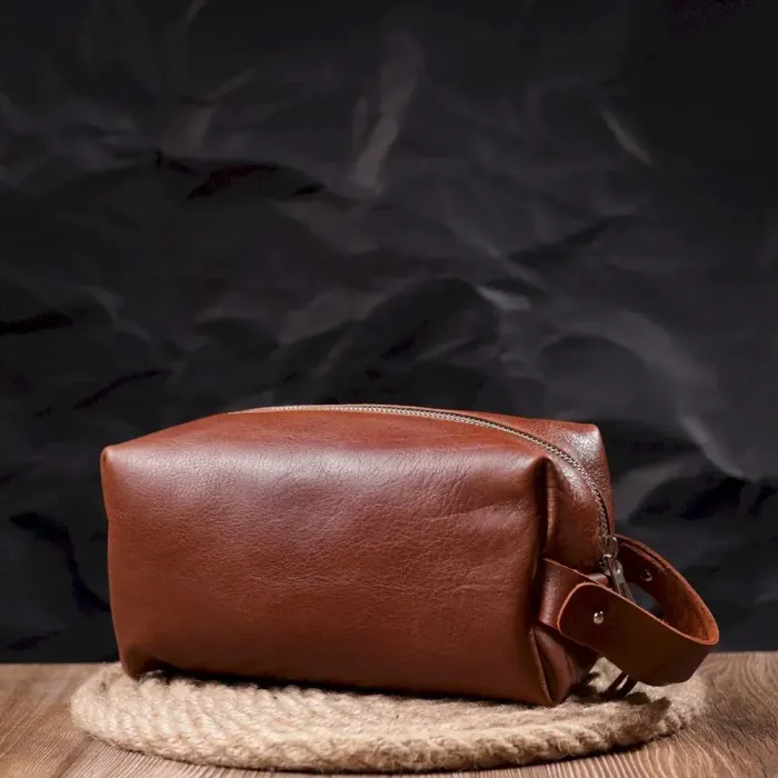 Чоловічі косметички великого розміру з гладкої шкіри на блискавці Серце GRANDE PELLE 16768 Світло-коричнева