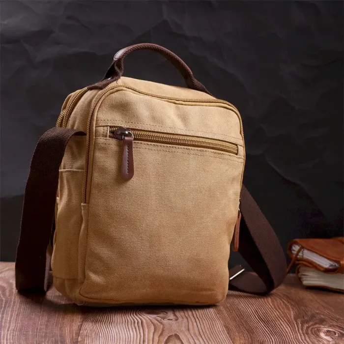 Мужская сумка почтальонка на плечо из плотного текстиля Vintage 22229 Песочный