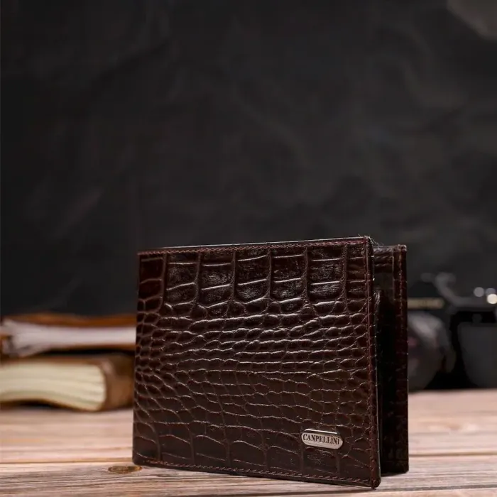 Мужской бумажник без застежки из натуральной кожи с тиснением под крокодила CANPELLINI 21763 Коричневий