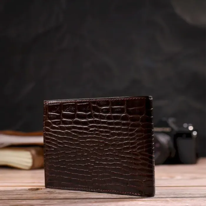 Мужской бумажник без застежки из натуральной кожи с тиснением под крокодила CANPELLINI 21763 Коричневий