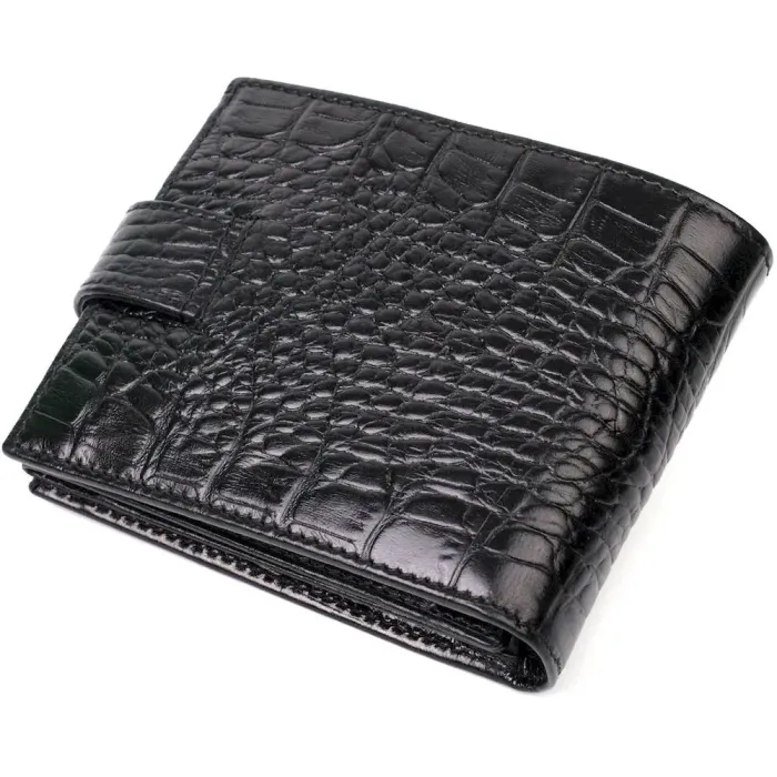 Чоловічий фактурний горизонтальний гаманець із натуральної шкіри з тисненням під крокодила BOND 22008 Чорний