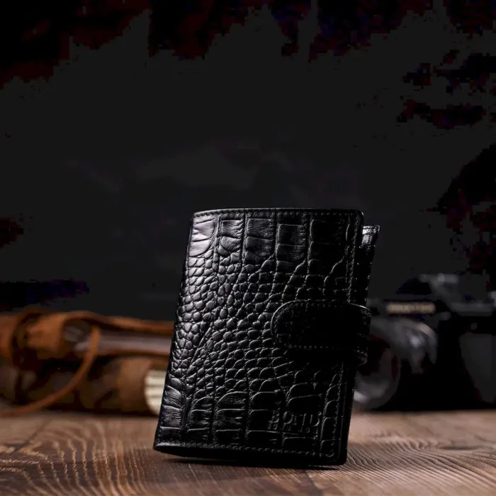 Чоловічий фактурний вертикальний гаманець із натуральної шкіри з тисненням під крокодила BOND 22004 Чорний