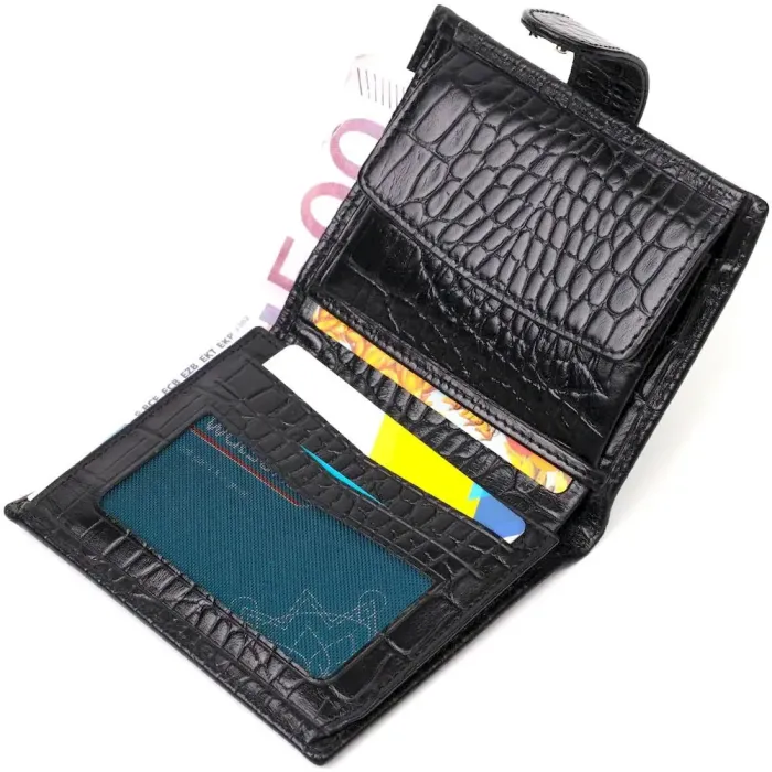 Чоловічий фактурний вертикальний гаманець із натуральної шкіри з тисненням під крокодила BOND 22004 Чорний