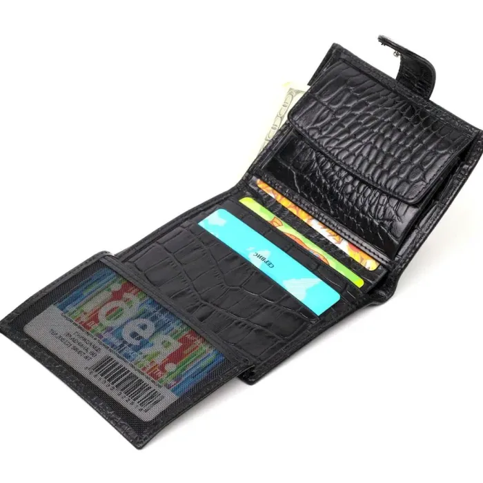 Чоловічий фактурний вертикальний гаманець із натуральної шкіри з тисненням під крокодила BOND 22004 Чорний