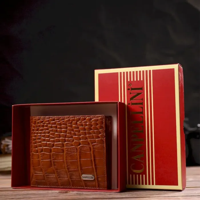Мужской горизонтальный кошелек из натуральной фактурной кожи с тиснением под крокодила CANPELLINI 21781 Рыжий