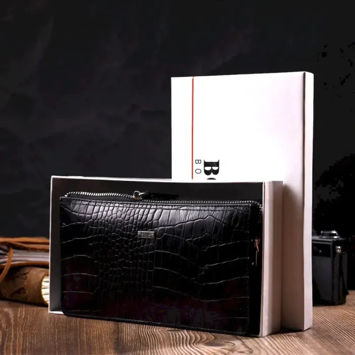 Мужской клатч на два отделения из натуральной кожи с тиснением под крокодила BOND 22044 Черный