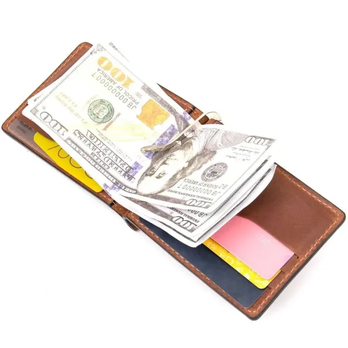 Чоловічий шкіряний вінтажний затискач GRANDE PELLE 11477 Коричневий