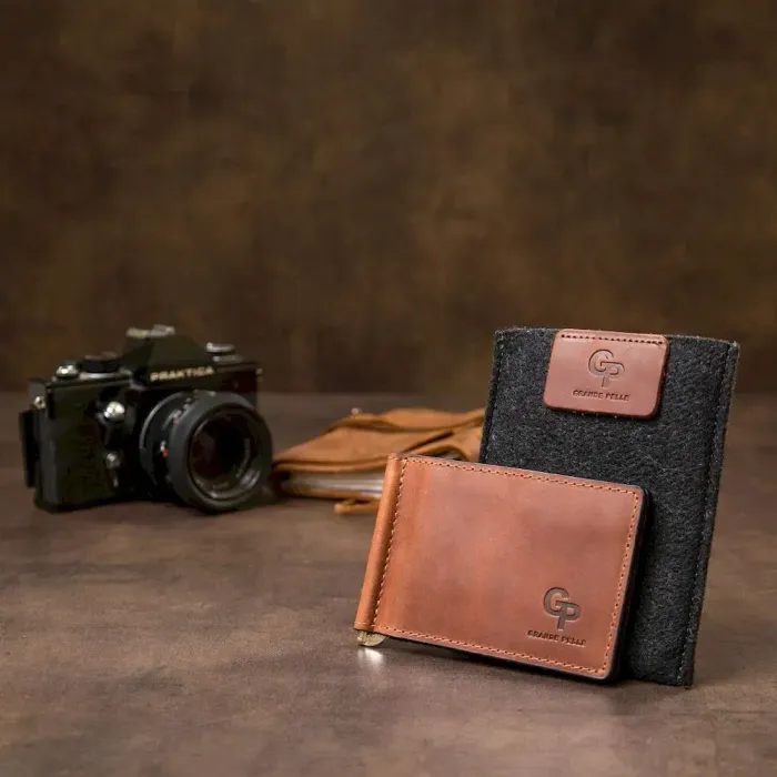 Чоловічий шкіряний вінтажний затискач GRANDE PELLE 11477 Коричневий