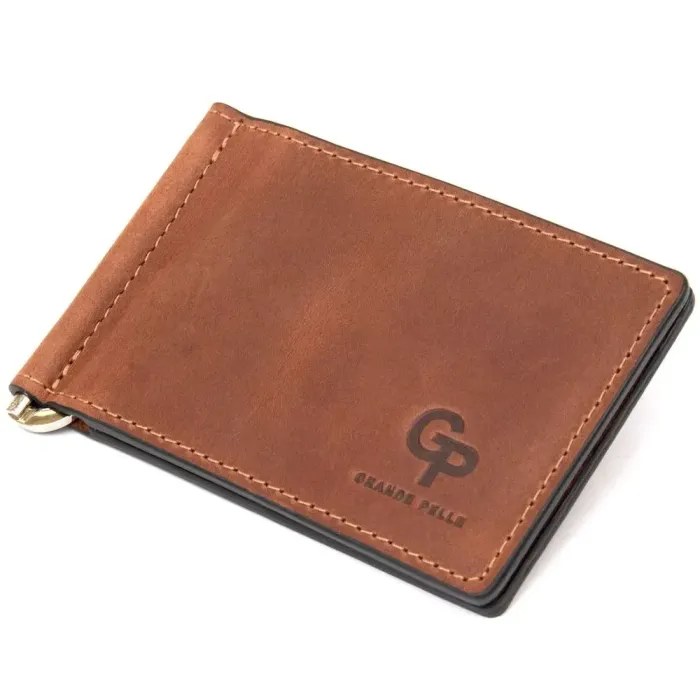 Чоловічий шкіряний вінтажний затискач GRANDE PELLE 11477 Коричневий