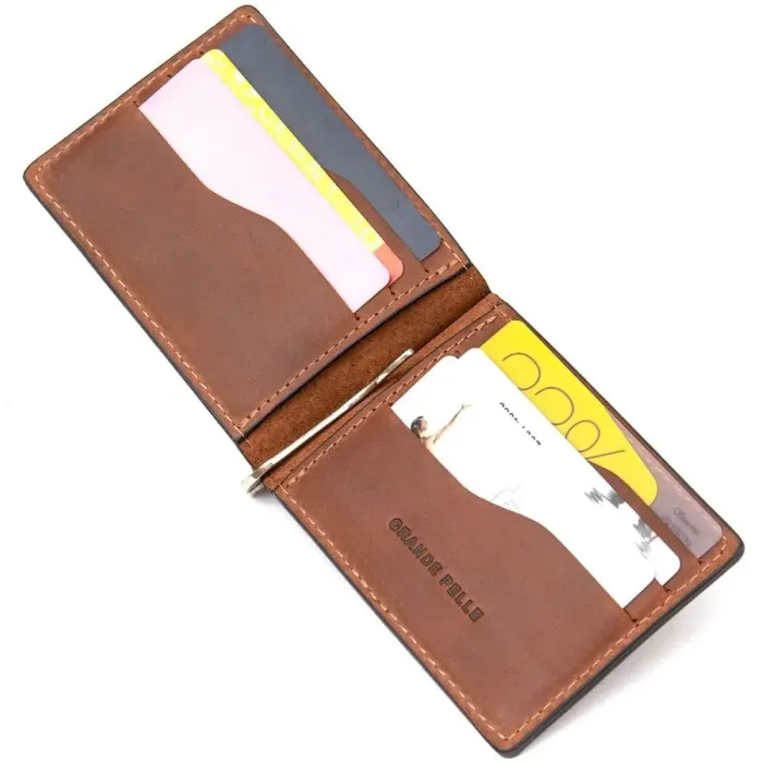 Чоловічий шкіряний вінтажний затискач GRANDE PELLE 11477 Коричневий