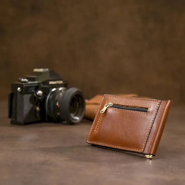 Чоловічий шкіряний затискач для грошей GRANDE PELLE 11474 Коричневий