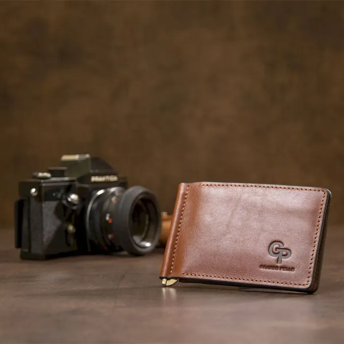 Чоловічий шкіряний затискач для грошей GRANDE PELLE 11474 Коричневий