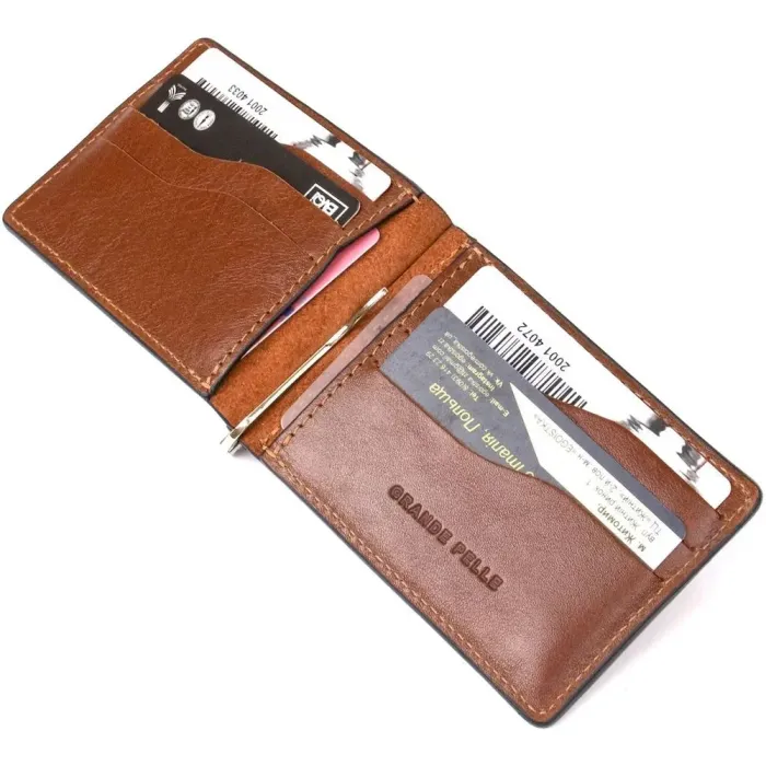 Чоловічий шкіряний затискач для грошей GRANDE PELLE 11474 Коричневий