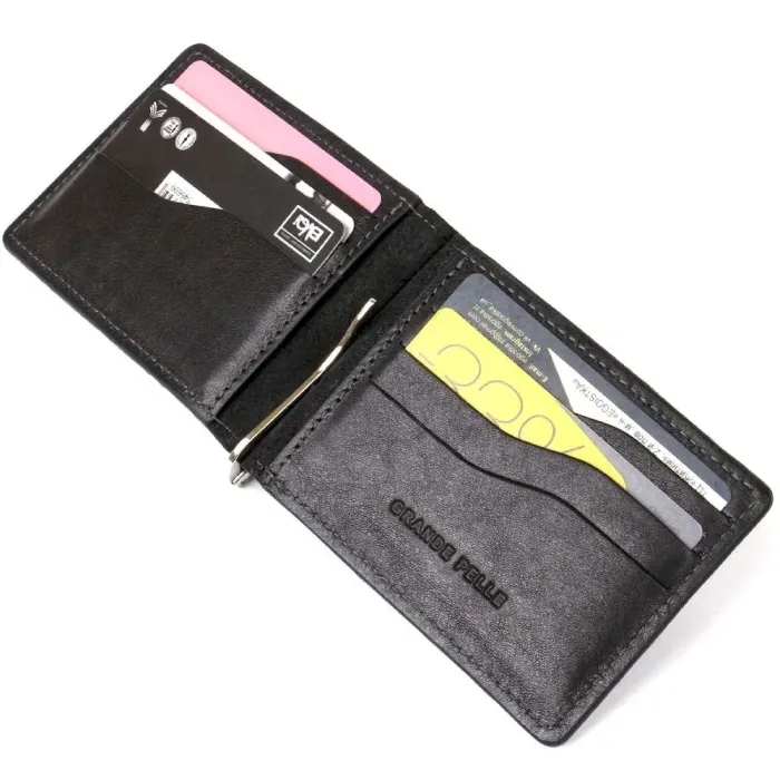 Чоловічий шкіряний затискач для грошей GRANDE PELLE 11475 Чорний