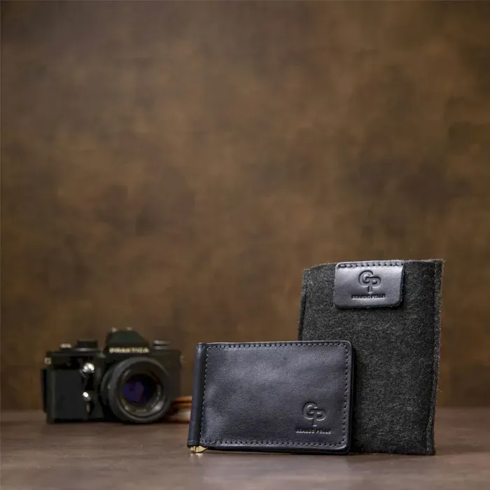 Чоловічий шкіряний затискач для грошей GRANDE PELLE 11476 Темно-синій