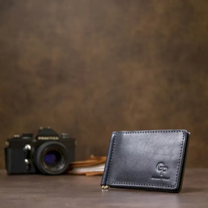 Чоловічий шкіряний затискач для грошей GRANDE PELLE 11476 Темно-синій