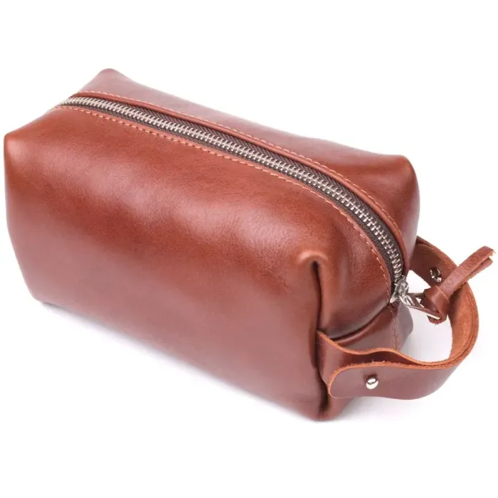 Чоловічий несесер середнього розміру з гладкої шкіри на блискавці GRANDE PELLE 16766 Світло-коричневий