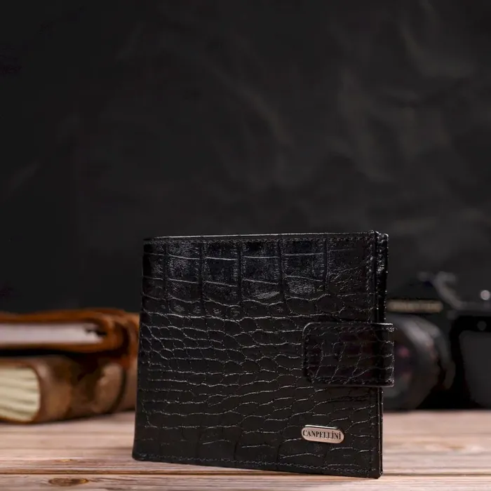 Чоловічий оригінальний гаманець горизонтального формату з натуральної шкіри з тисненням під крокодила CANPELLINI 21768 Чорний