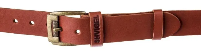 Мужской ремень кожаный с массивной пряжкой SHVIGEL 13995 Кирпичный