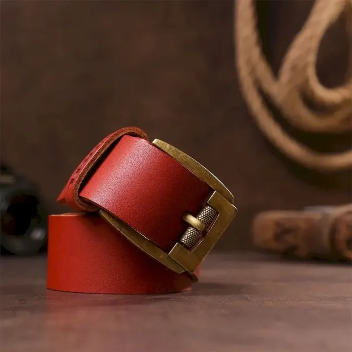 Мужской ремень кожаный с массивной пряжкой SHVIGEL 13995 Кирпичный